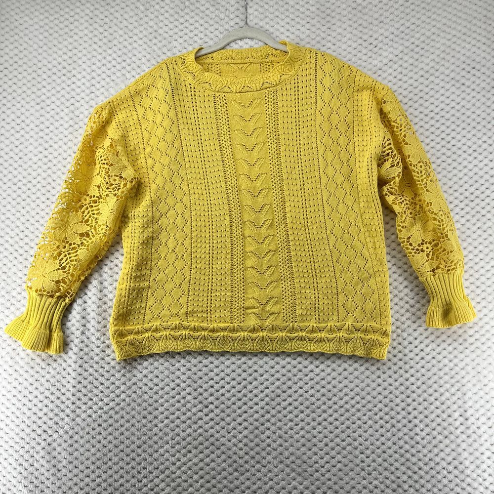 Crochet Knit Sweater‎ Yellow Lace Sleeve Pullover Lightweight Top Size S